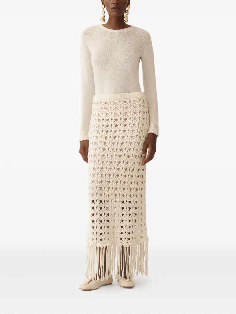 Fabiana Filippi Open-knit Fringed Long Skirt In Neutral