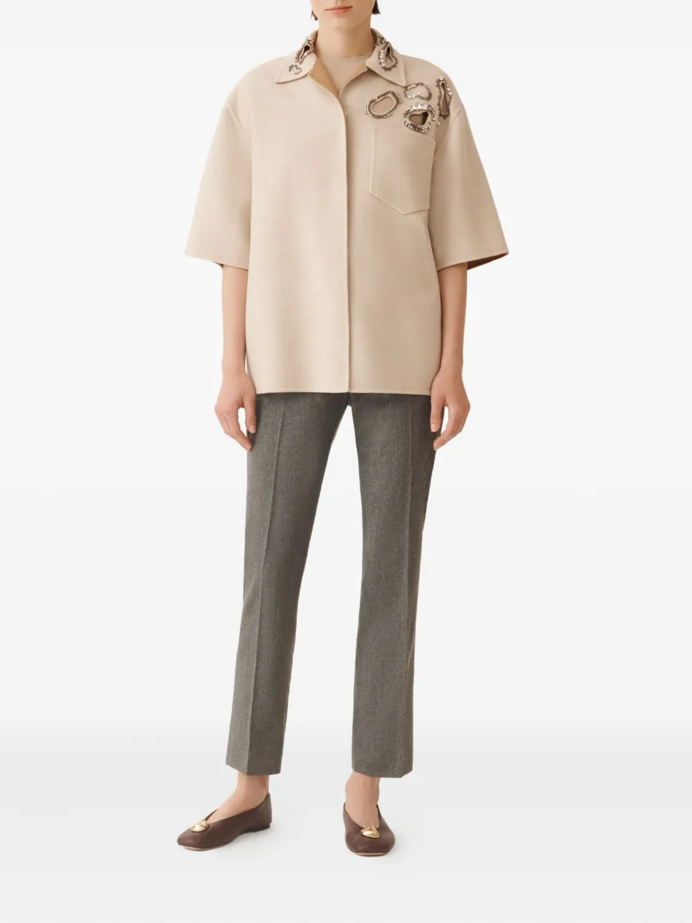 Fabiana Filippi Verfraaid shirtjack met korte mouwen Beige