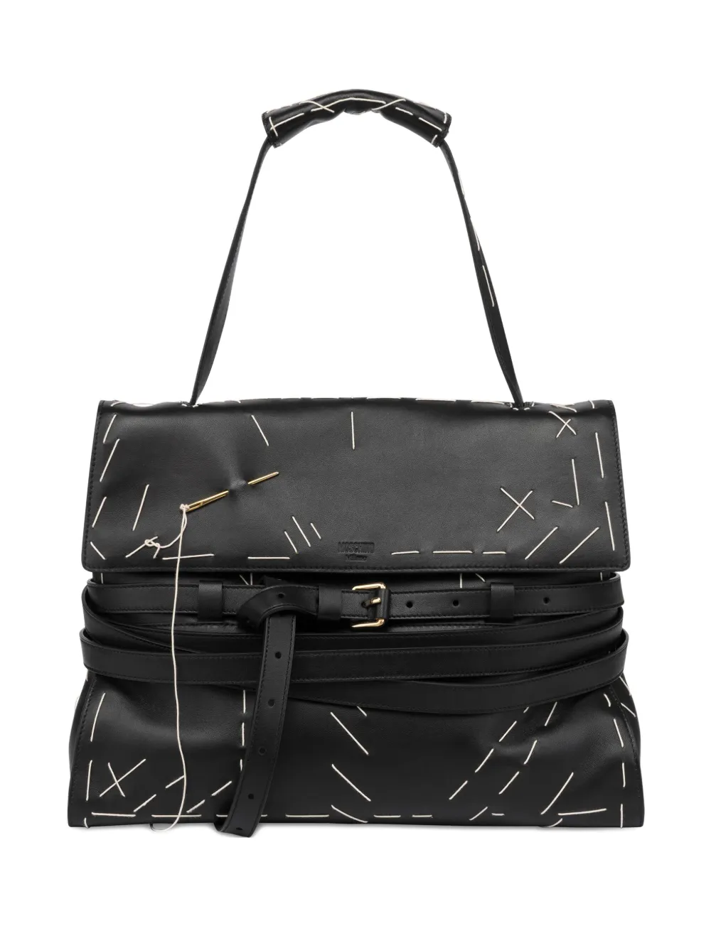 Moschino Stitched Leather Shoulder Bag In Black