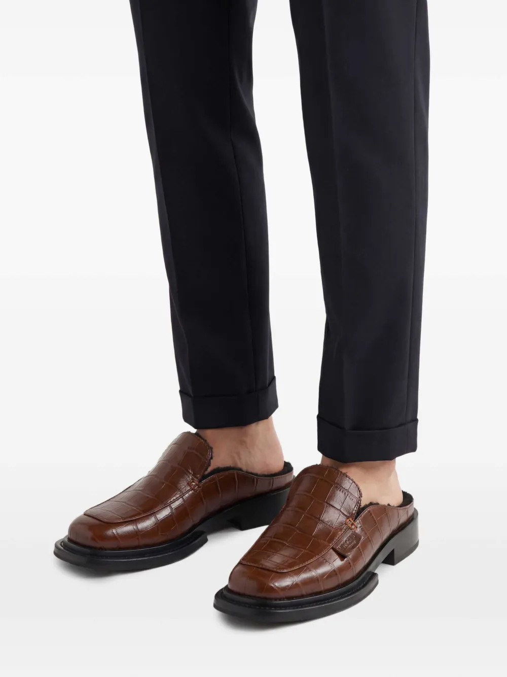Moschino Crocodile-effect Leather Mules in Brown, view 2