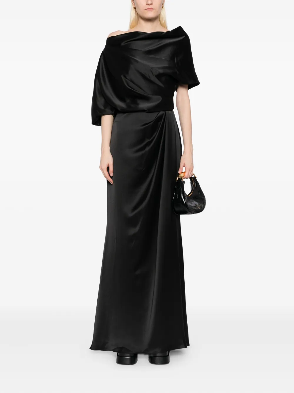 Amsale Satijnen off-shoulder avondjurk Zwart