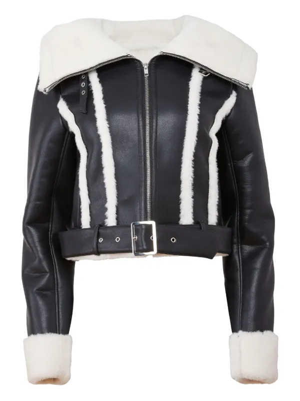 belted jacket faux fur black leather jacket