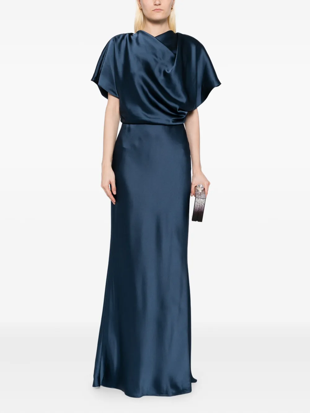 Amsale Gedrapeerde satijnen avondjurk Blauw