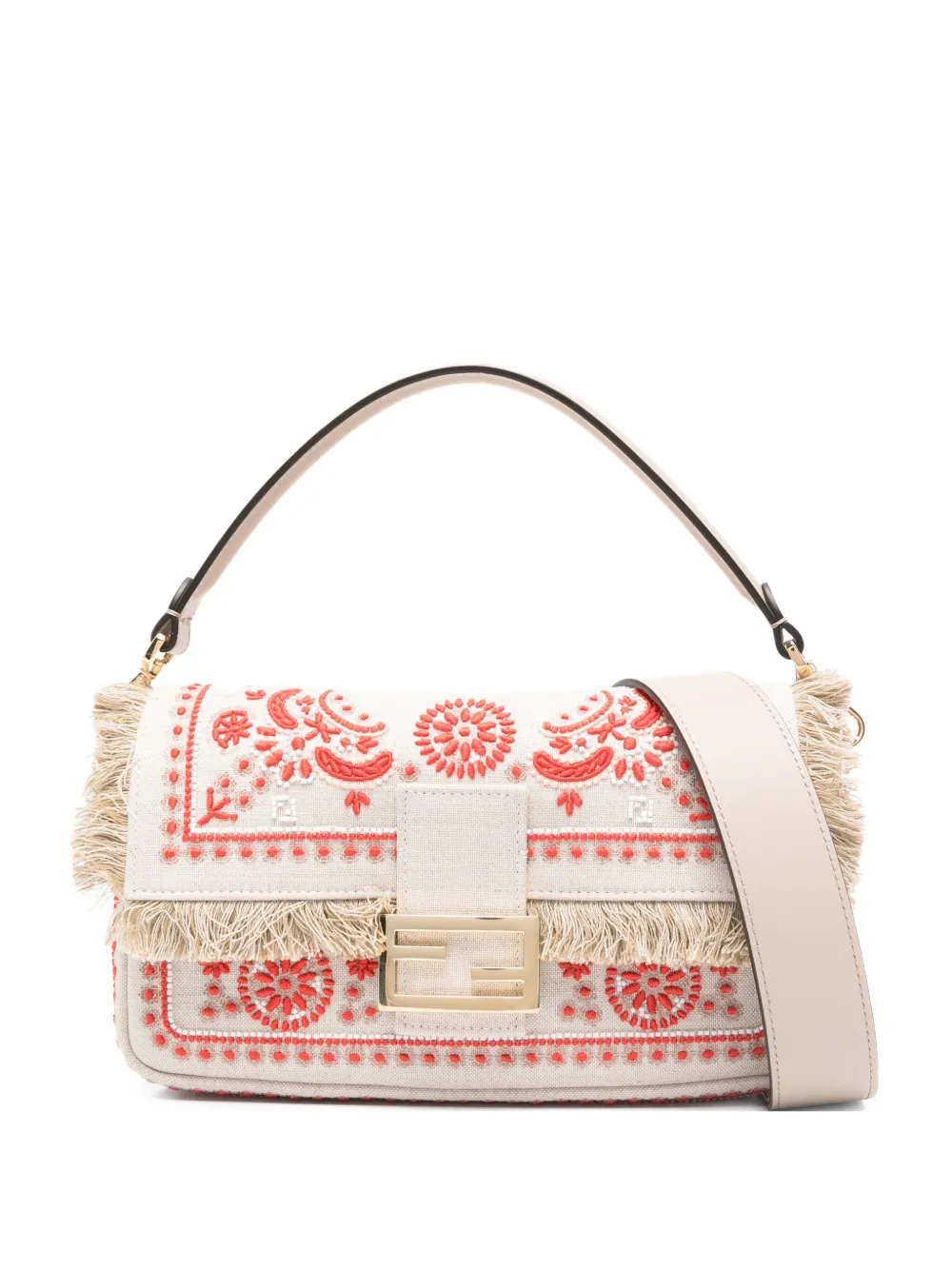Fendi Baguette Embroidered Fringed Tote Bag In Neutral