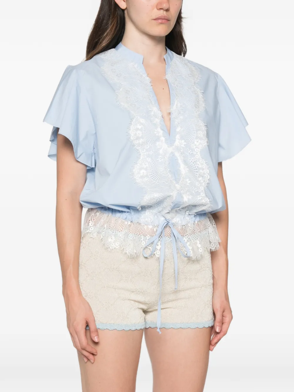 Babylone Paris Camicia top met kanten afwerking en fladdermouwen Blauw
