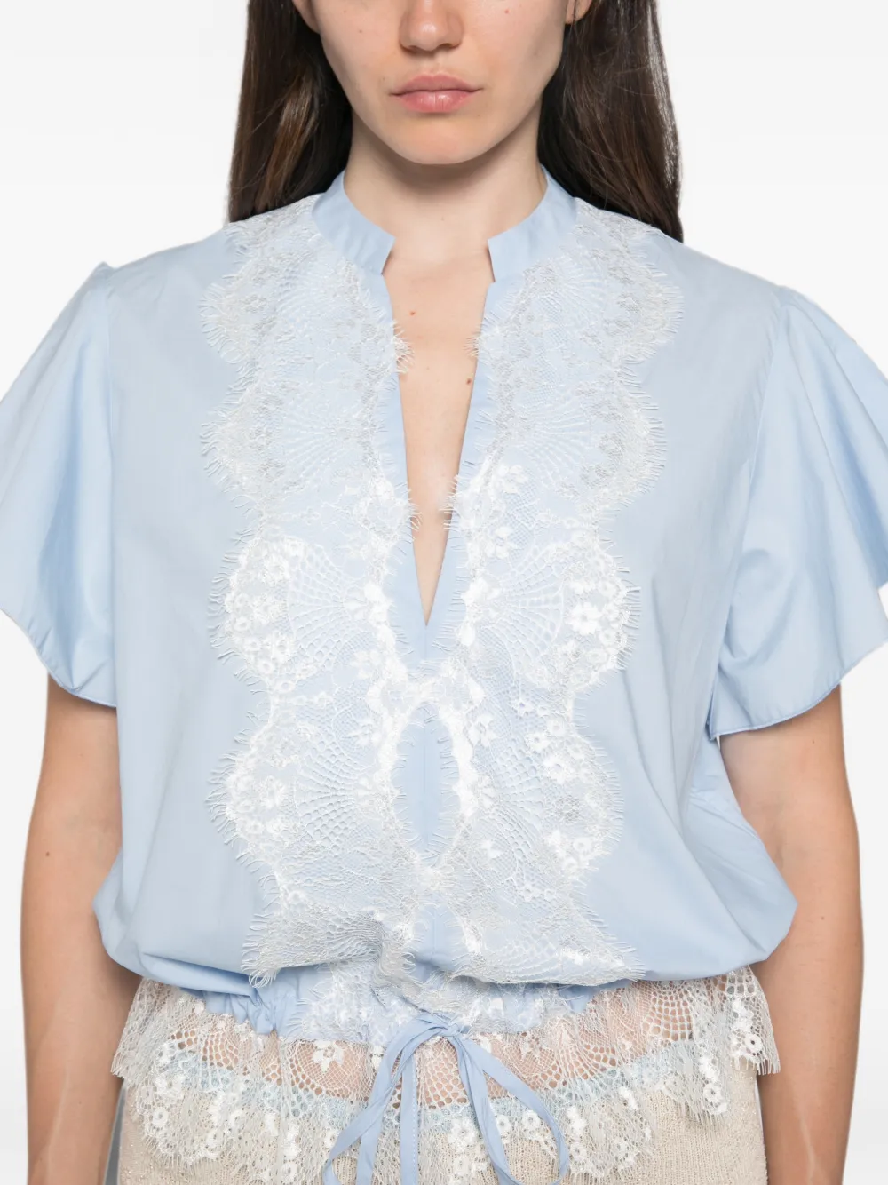 Babylone Paris Camicia top met kanten afwerking en fladdermouwen Blauw