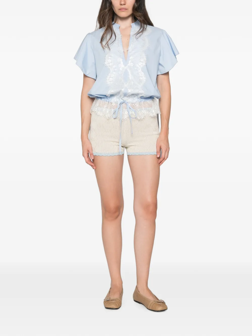 Babylone Paris Camicia top met kanten afwerking en fladdermouwen Blauw
