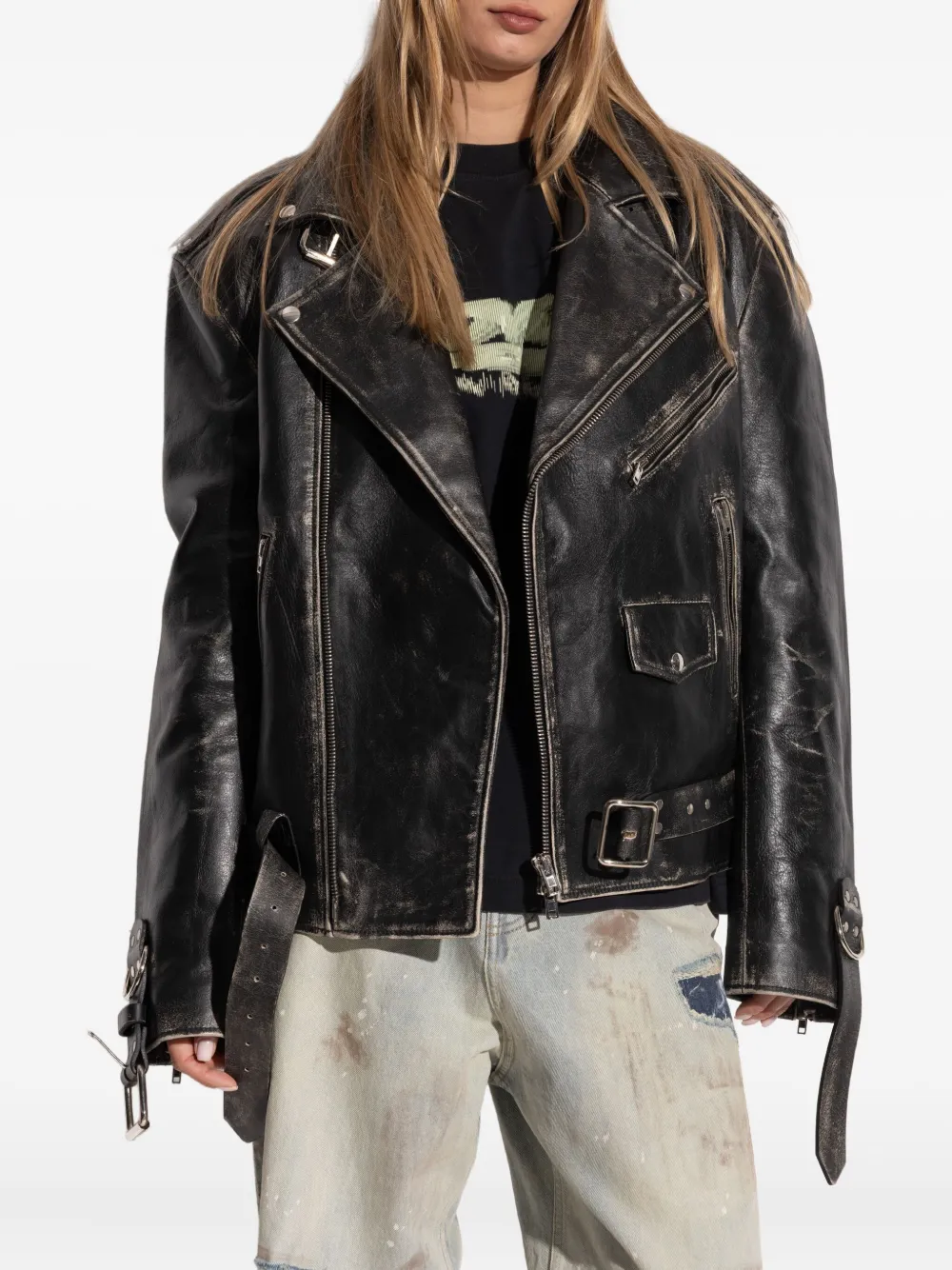 VETEMENTS Gerafeld leren jack met ceintuur VINTAGE BLACK
