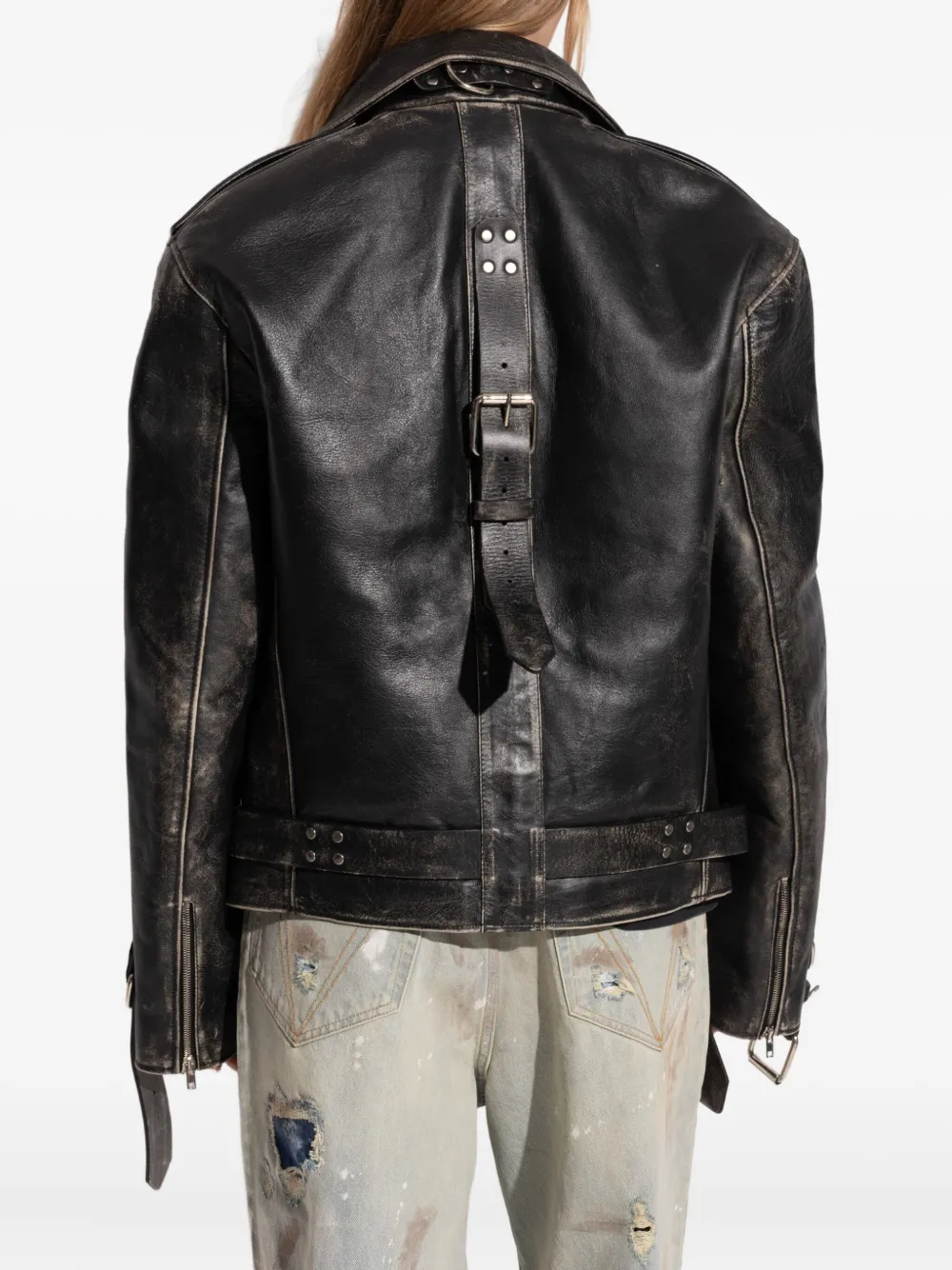 VETEMENTS Gerafeld leren jack met ceintuur VINTAGE BLACK