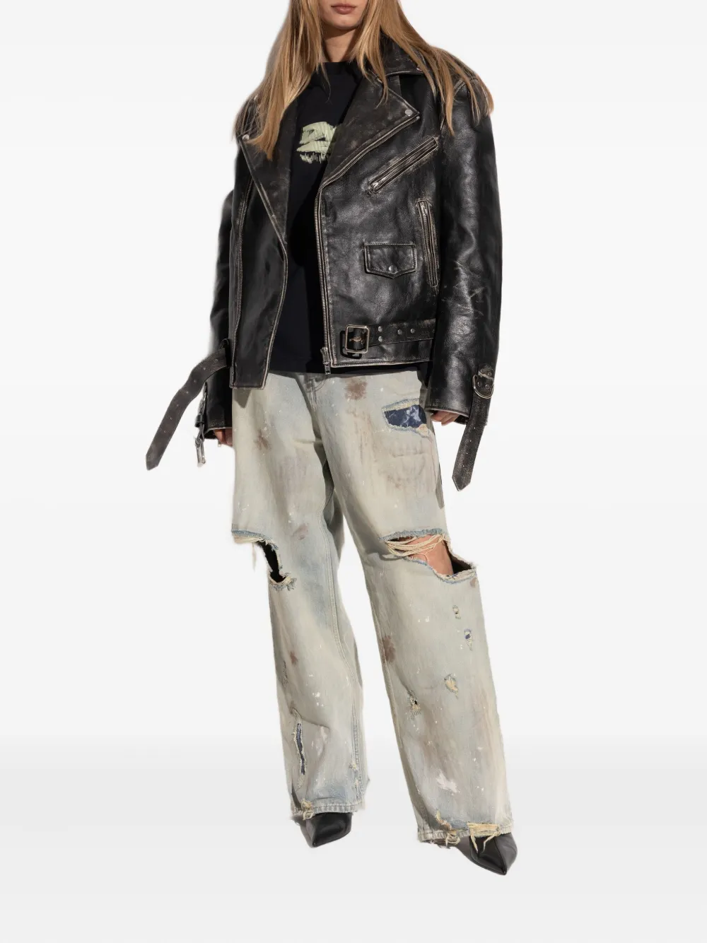 VETEMENTS Gerafeld leren jack met ceintuur VINTAGE BLACK