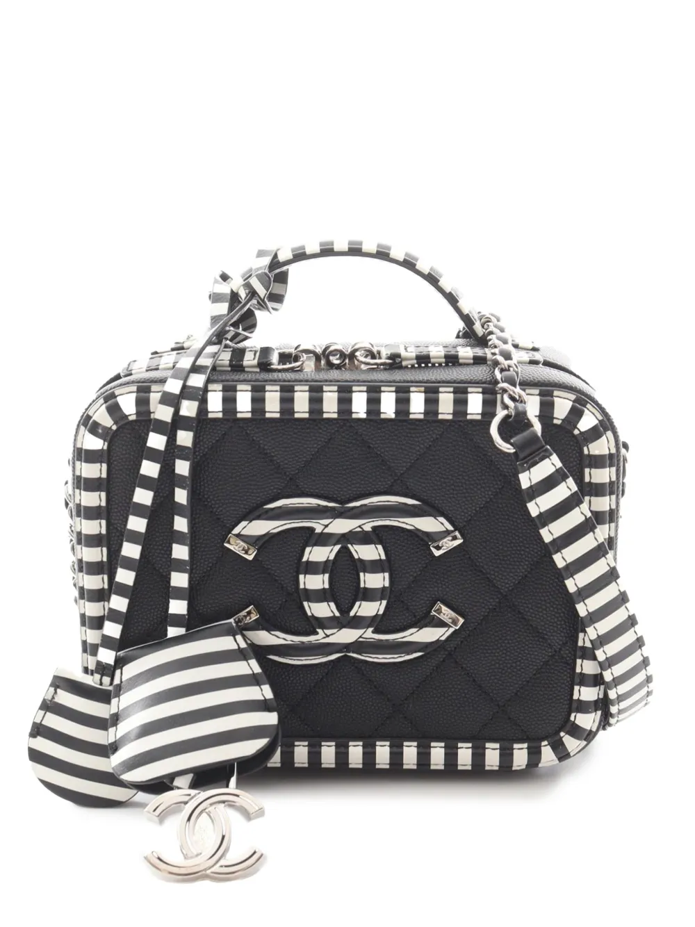 CHANEL Pre-Owned 2019 スモール キャビア ストライプ ココマーク フィリグリー ケース バニティバッグ - ブラック CHANEL Pre-Owned 2019 スモール キャビア ストライプ ココマーク フィリグリー ケース バニティバッグ - ブラック