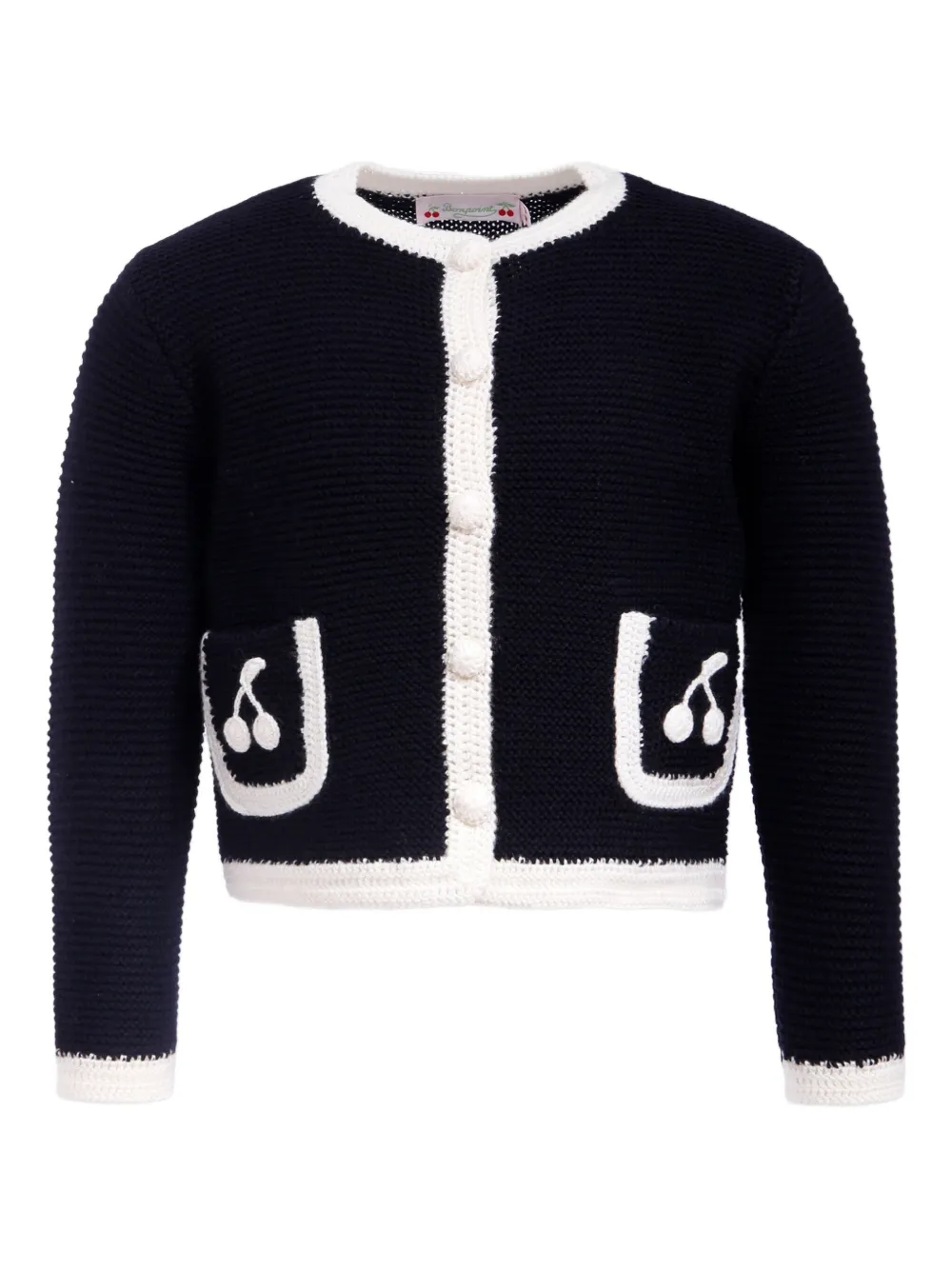 Bonpoint cherry-appliqué wool cardigan Blauw