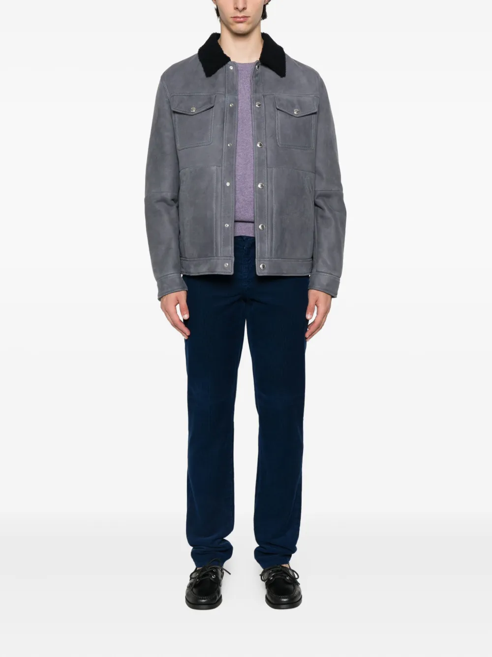 Brunello Cucinelli shearling-collar flap-pocket jacket Blauw