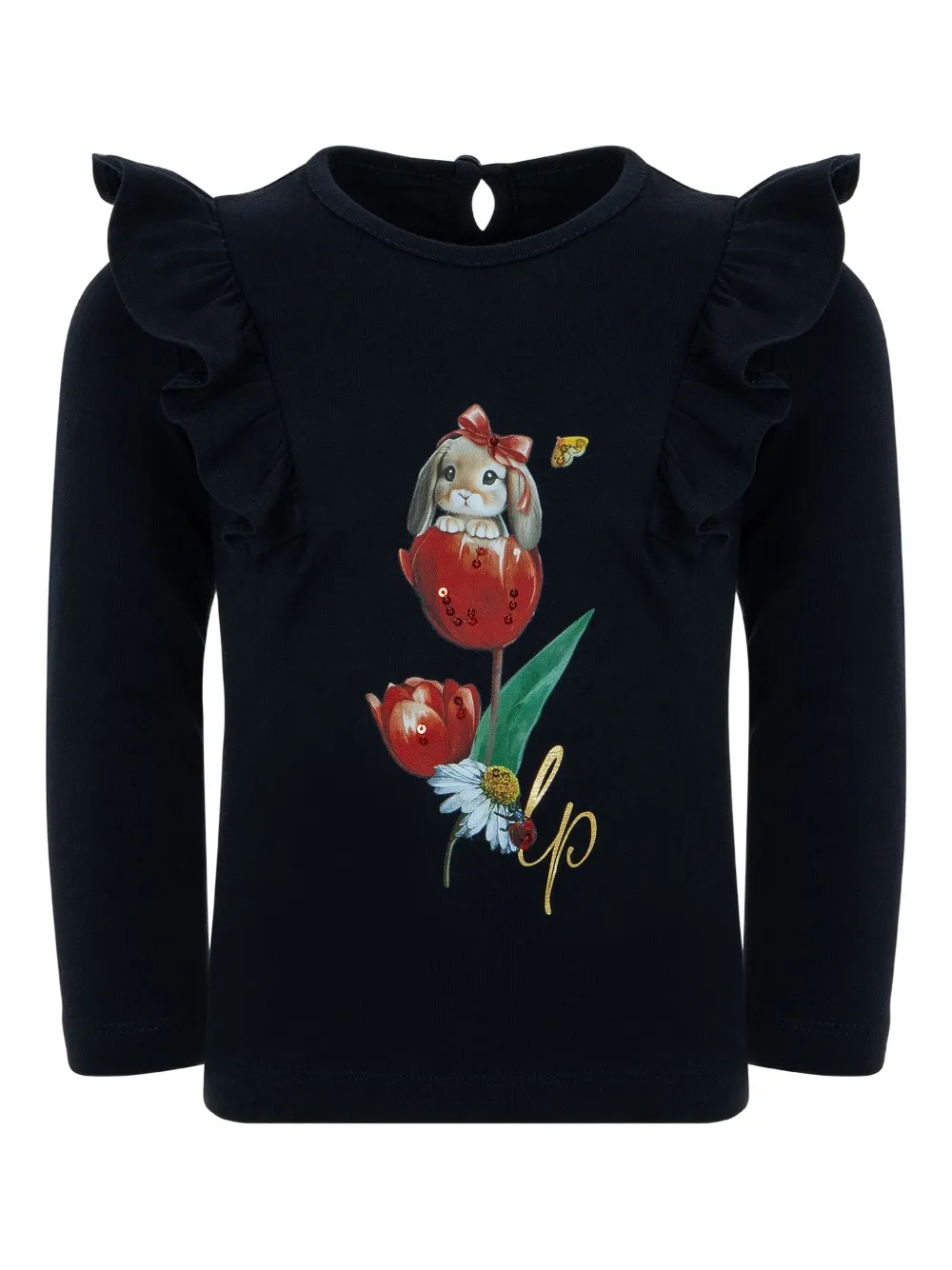 Lapin House rabbit-print ruffle-detail top | Black | Image 1