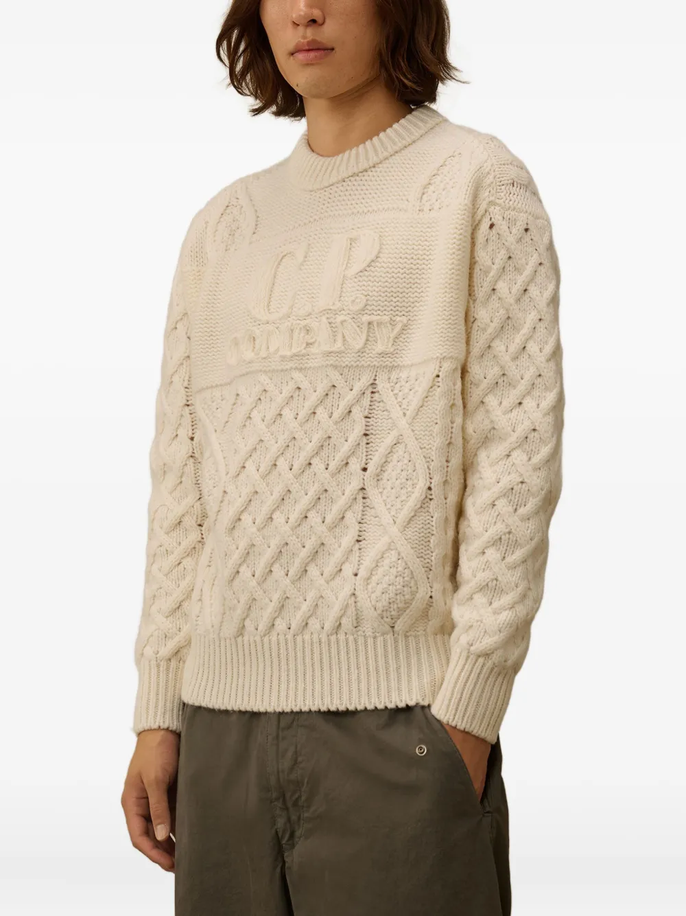C.p. Company Logo-embroidered Cable-knit Sweater In Neutral