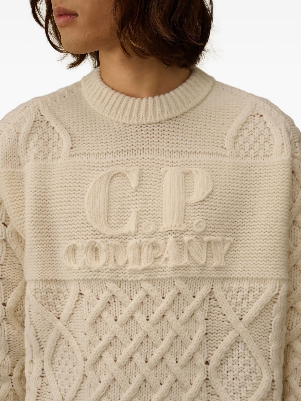 C.p. Company Logo-embroidered Cable-knit Sweater In Neutral
