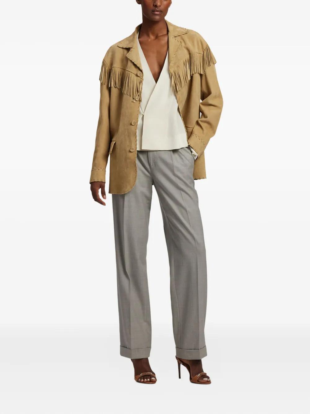 Ralph Lauren Collection Top met gewikkelde voorkant en lange mouwen Beige