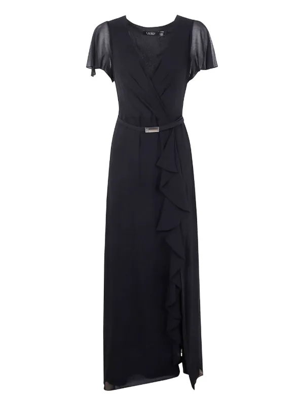 Lauren Ralph Lauren - Belted Georgette Flutter-Sleeve Gown - Womens - Black - Size UK 4