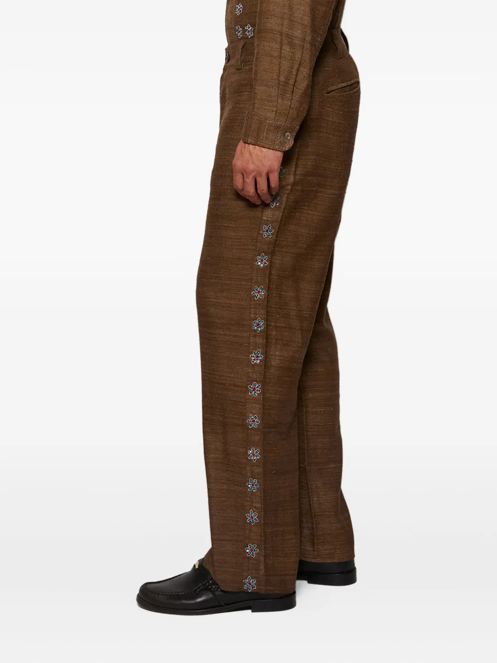 Baziszt Nouac Floral-embellished Trousers In Brown