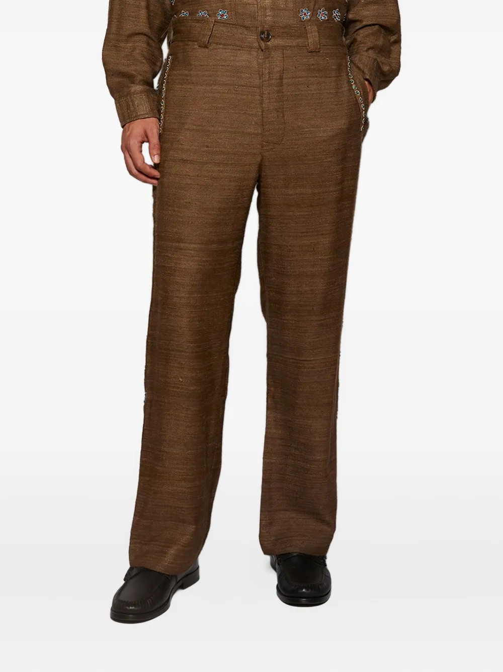 Baziszt Nouac Floral-embellished Trousers In Brown