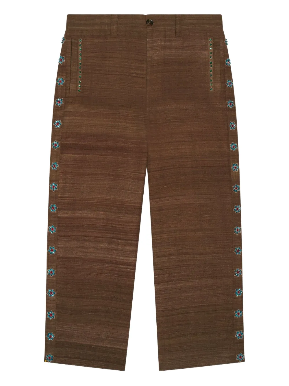 Baziszt Nouac Floral-embellished Trousers In Brown