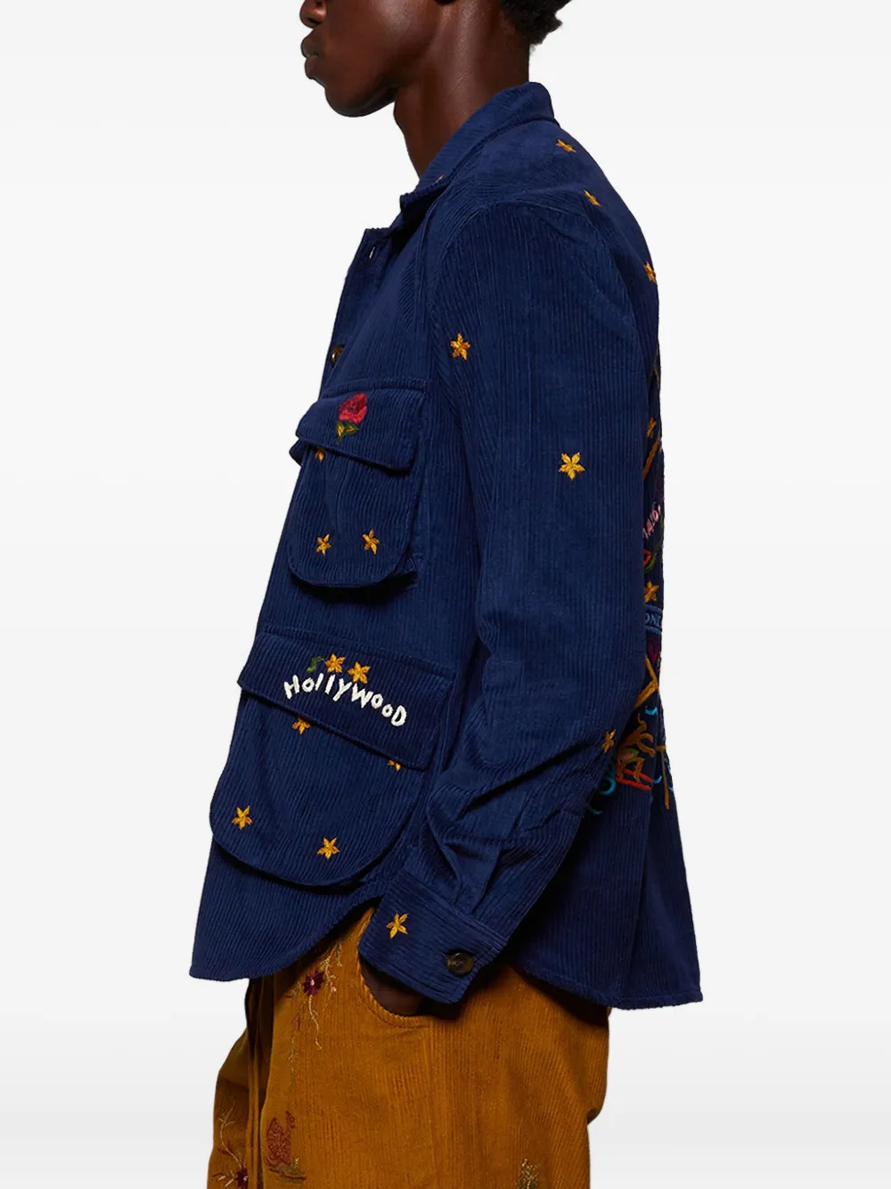 Baziszt Ribfluwelen shirtjack met geborduurde sterren Blauw