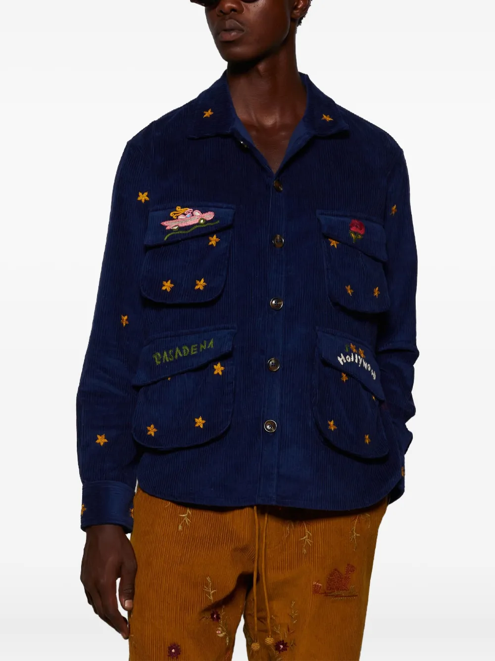 Baziszt Ribfluwelen shirtjack met geborduurde sterren Blauw