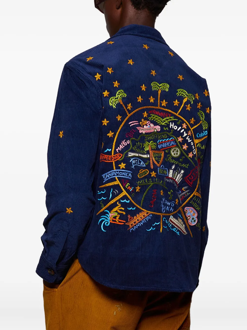 Baziszt Ribfluwelen shirtjack met geborduurde sterren Blauw