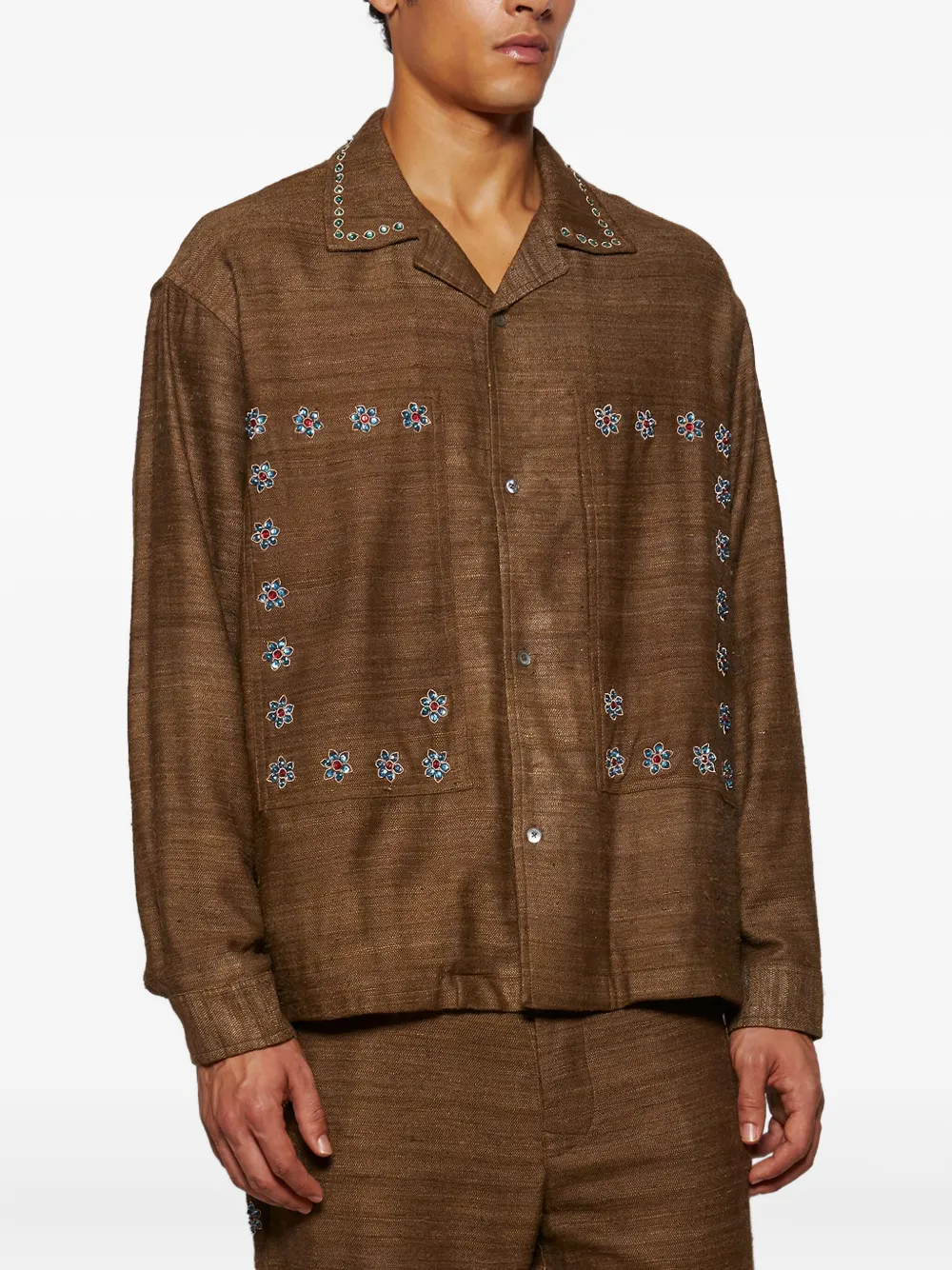 Baziszt Nouac Floral-embellished Shirt In Brown