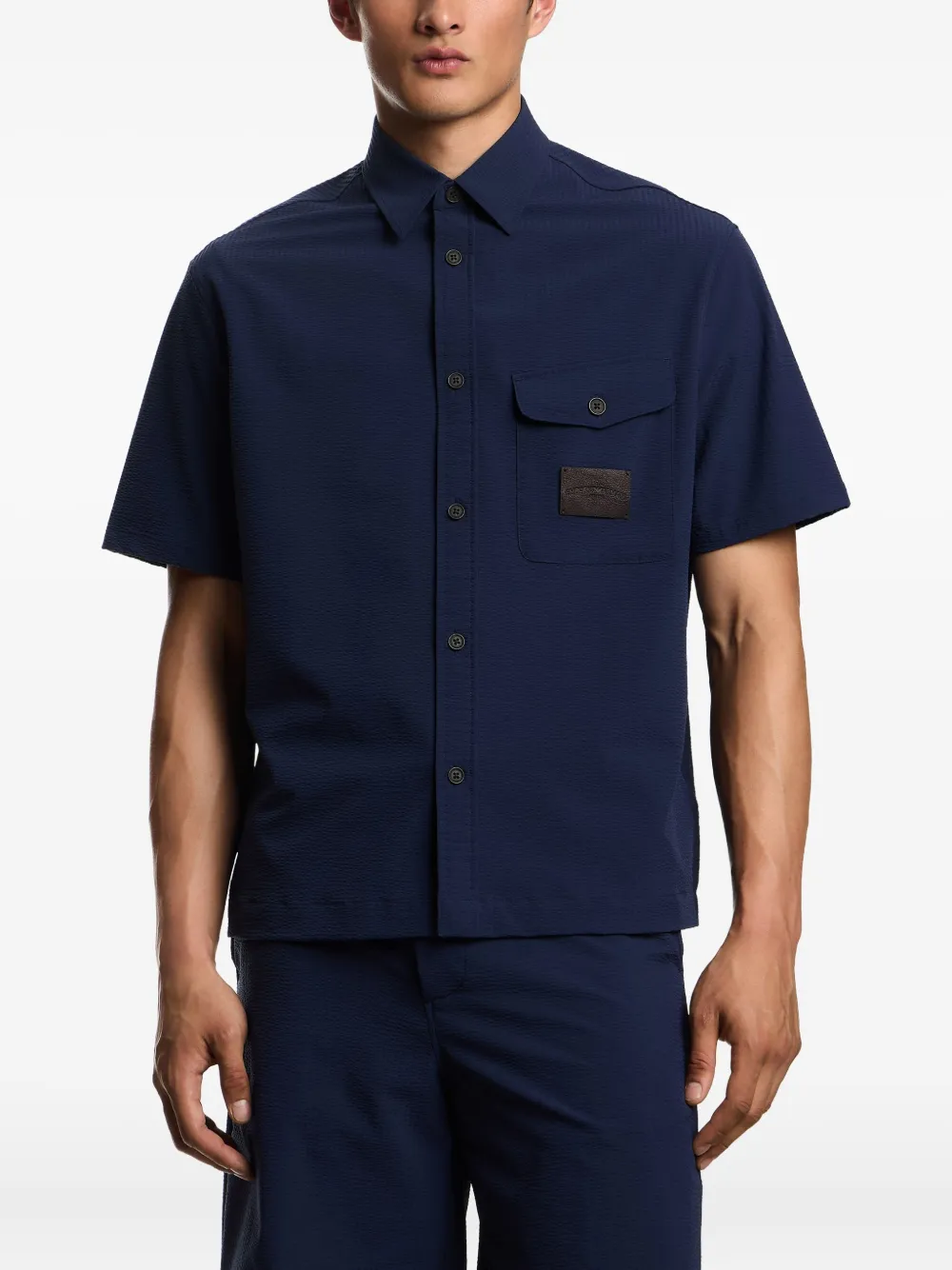 Emporio Armani Short-sleeved Oversized Shirt In Nylon Seersucker In Blue