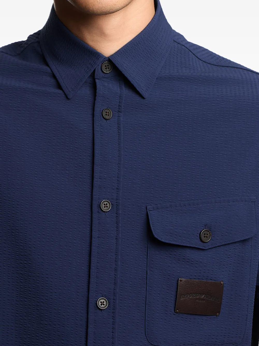 Emporio Armani Short-sleeved Oversized Shirt In Nylon Seersucker In Blue