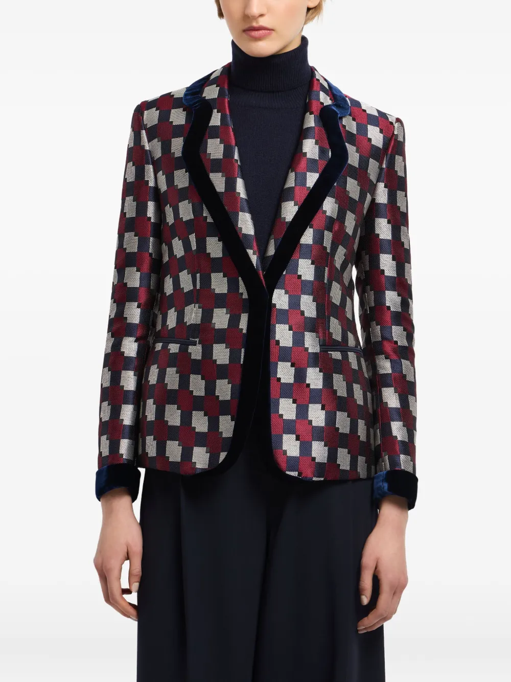 Emporio Armani Geometric Jacquard Blazer With Velvet Details In Multi