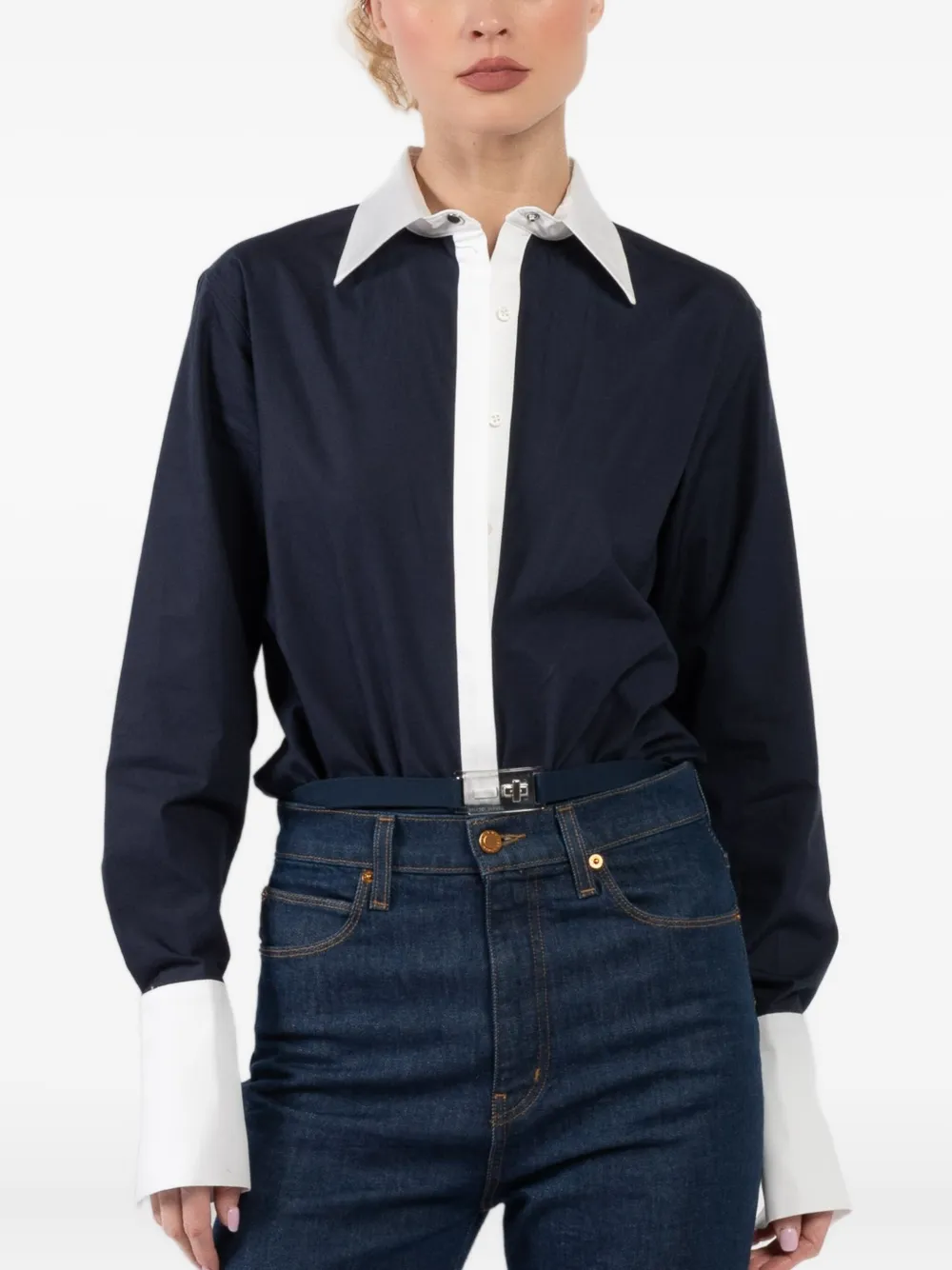 Brandon Maxwell  Bradshaw contrast-collar poplin-knit bodysuit | Blue | Image 1