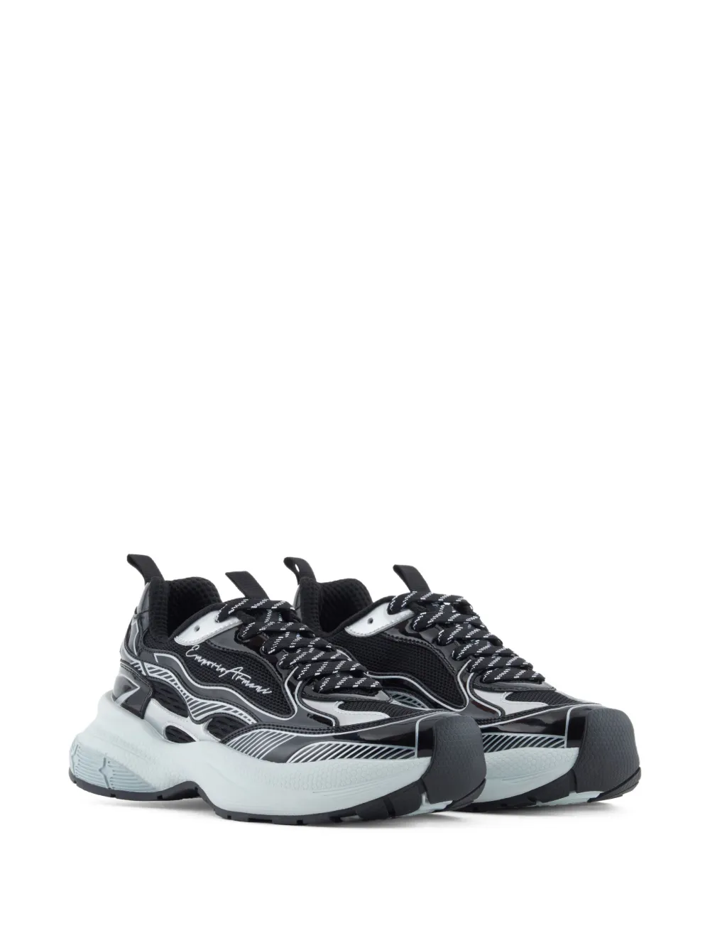 Emporio Armani Lakleren gestreepte sneakers Zwart