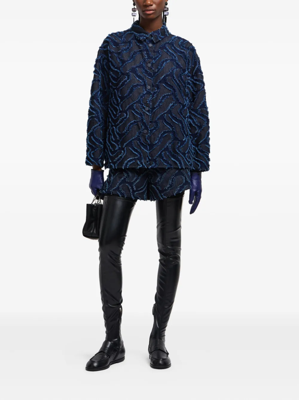 Emporio Armani Fringed Embossed-motif Jacquard Denim Shirt Jacket In Blue