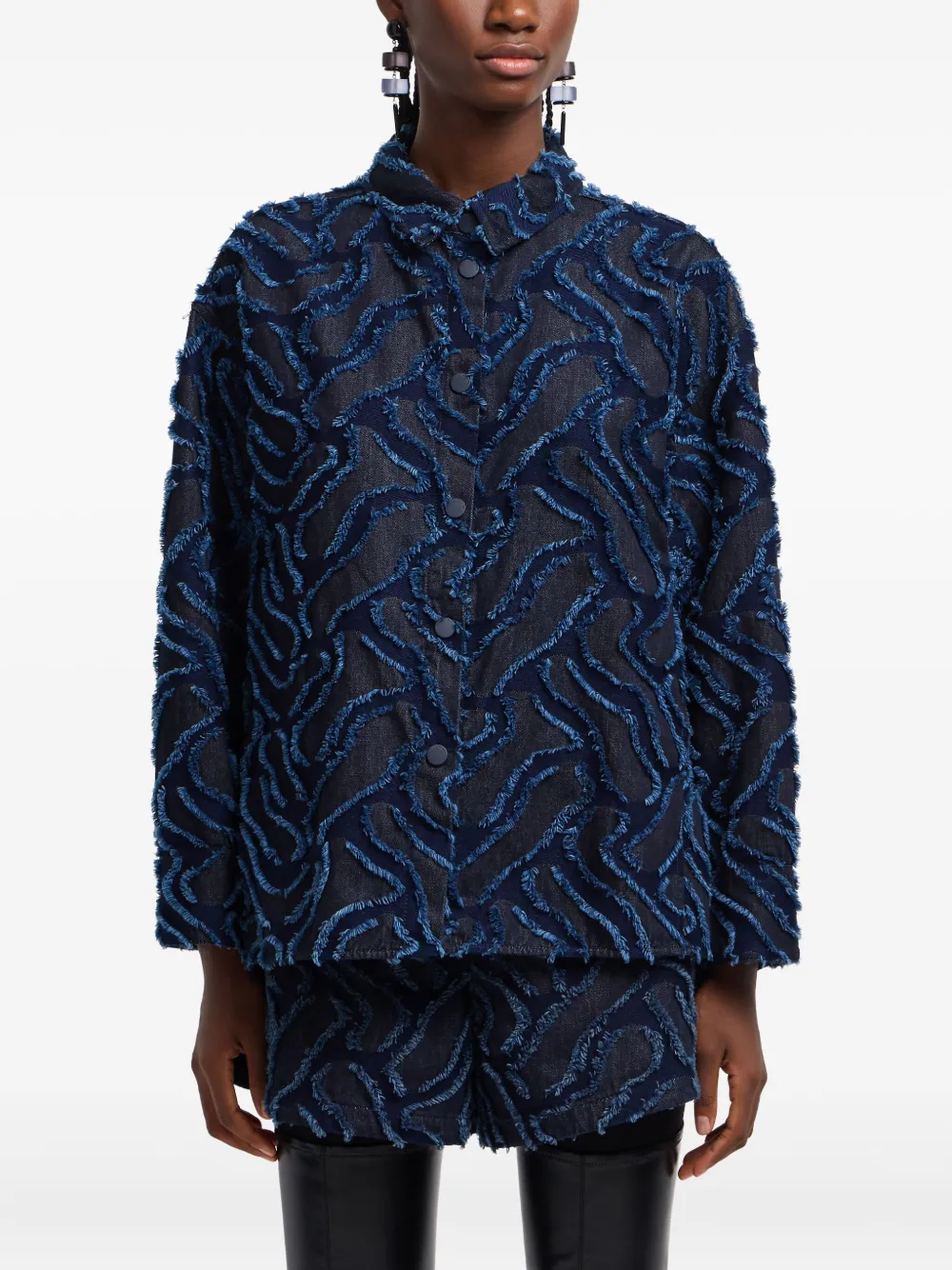 Emporio Armani Fringed Embossed-motif Jacquard Denim Shirt Jacket In Blue