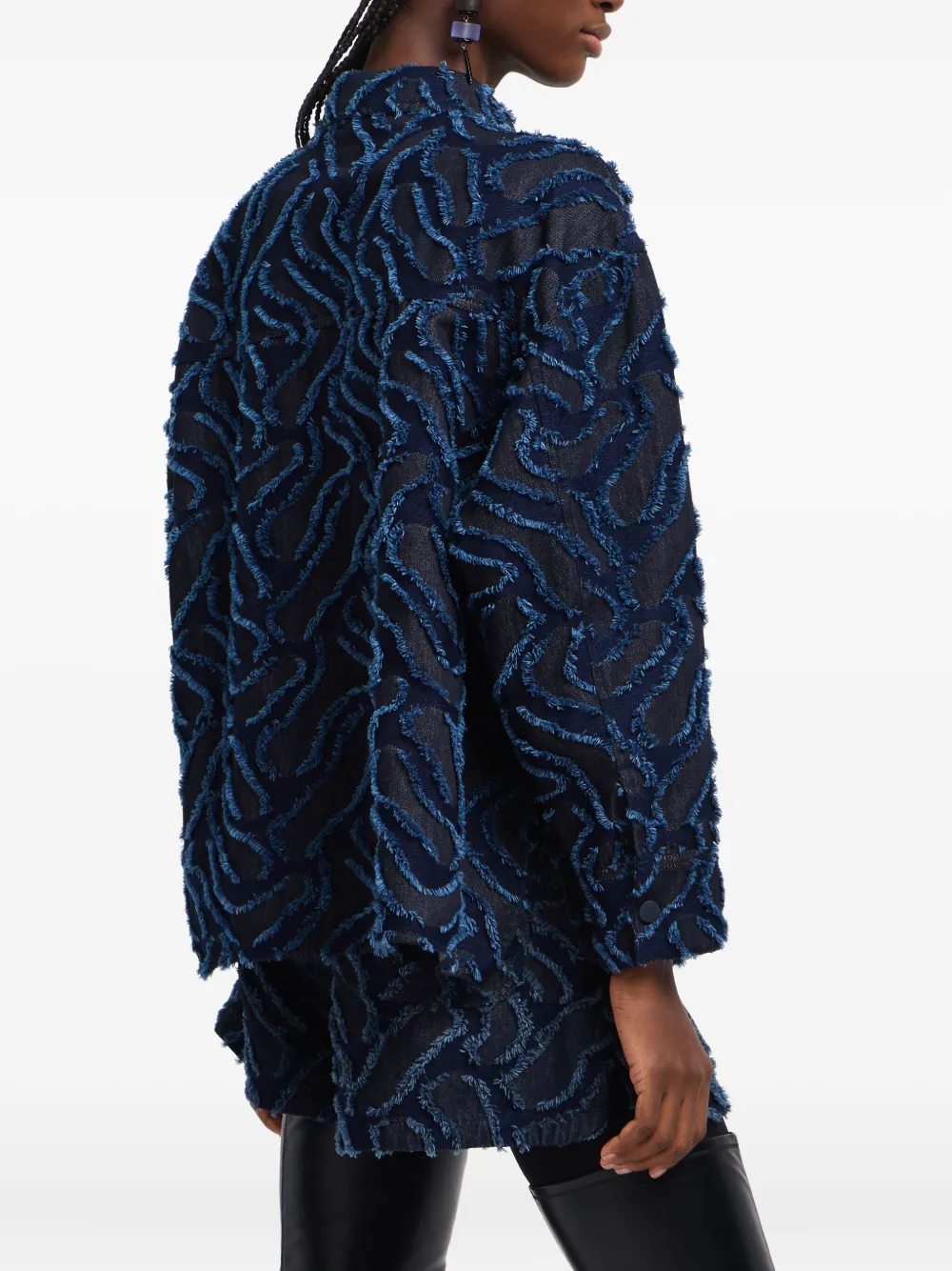 Emporio Armani Fringed Embossed-motif Jacquard Denim Shirt Jacket In Blue