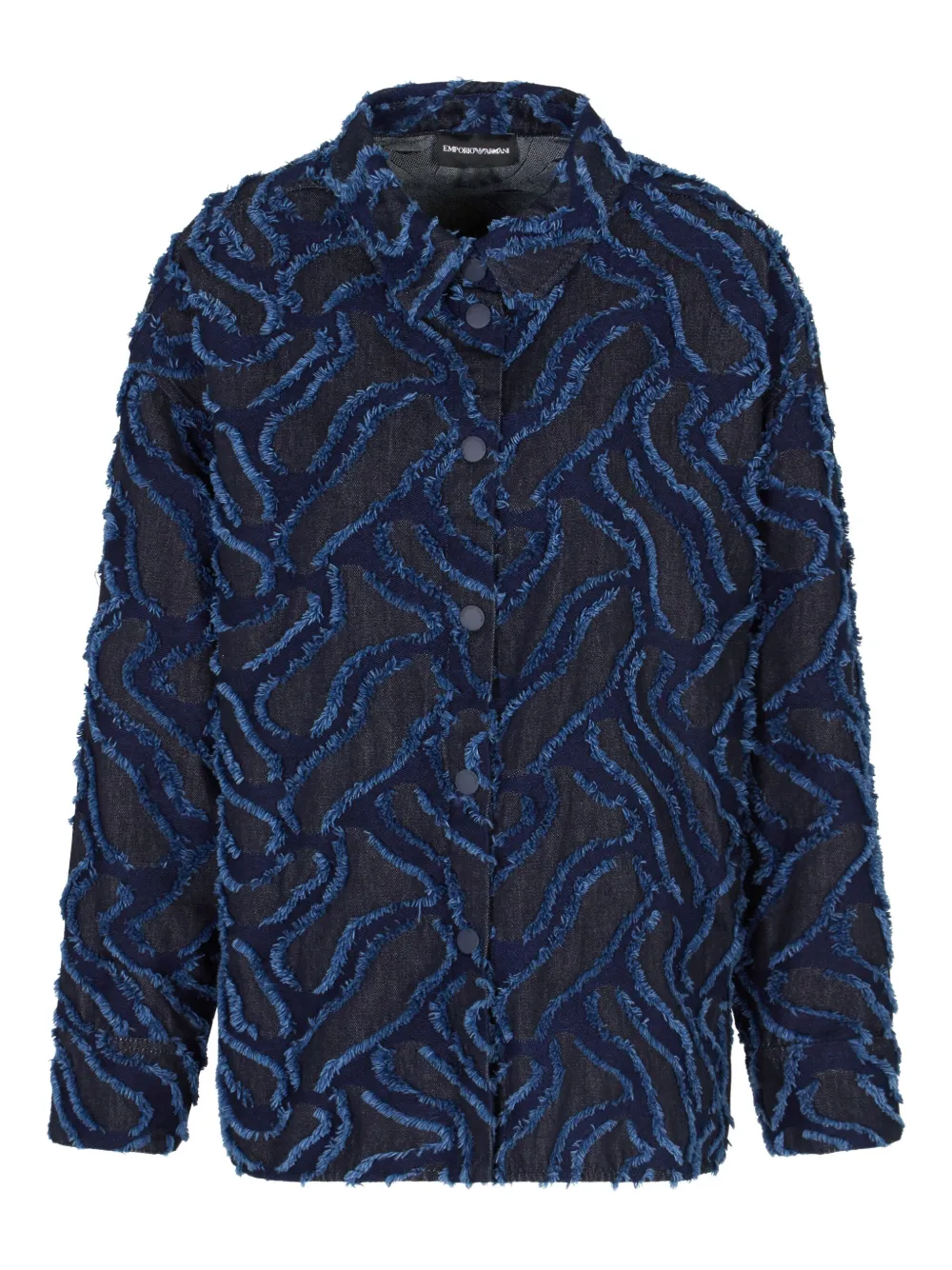 Emporio Armani Fringed Embossed-motif Jacquard Denim Shirt Jacket In Blue