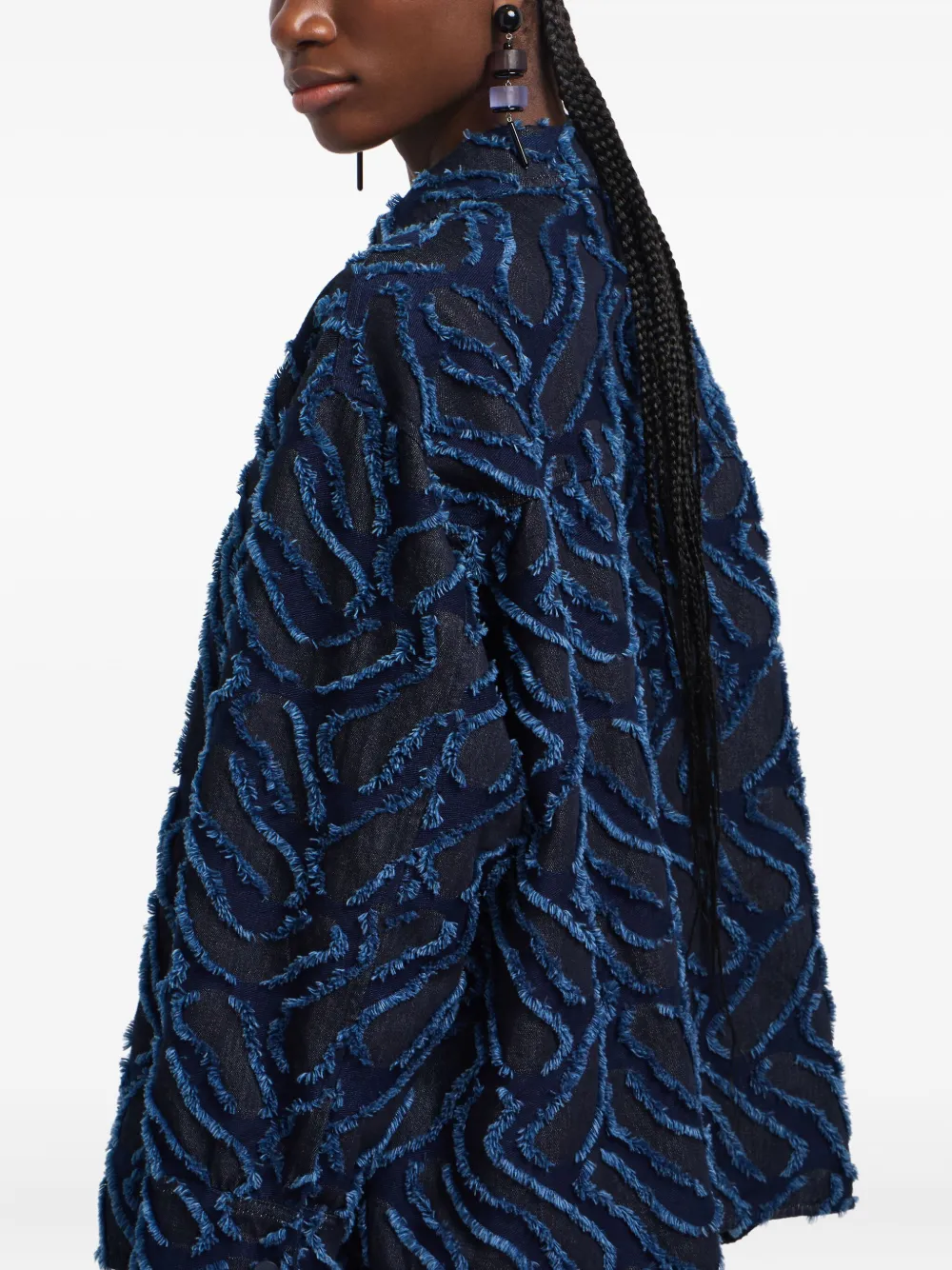 Emporio Armani Fringed Embossed-motif Jacquard Denim Shirt Jacket In Blue