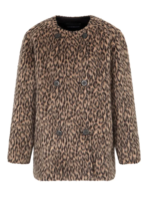 Emporio Armani Leopard Print Double-breasted Coat in Brown
