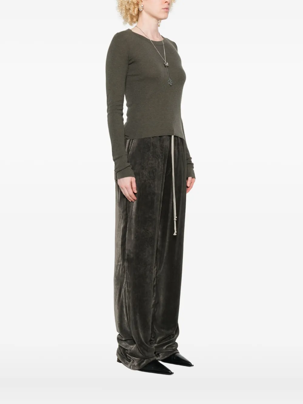 Rick Owens Long Sleeve Cropped Ribbed Knit Top In Green