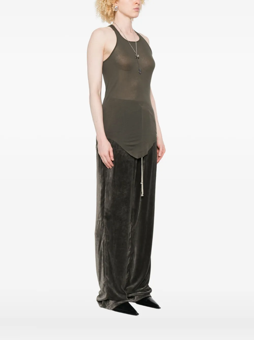 Rick Owens Ribbed Tank Top With Curved Hem And Racerback In Gray
