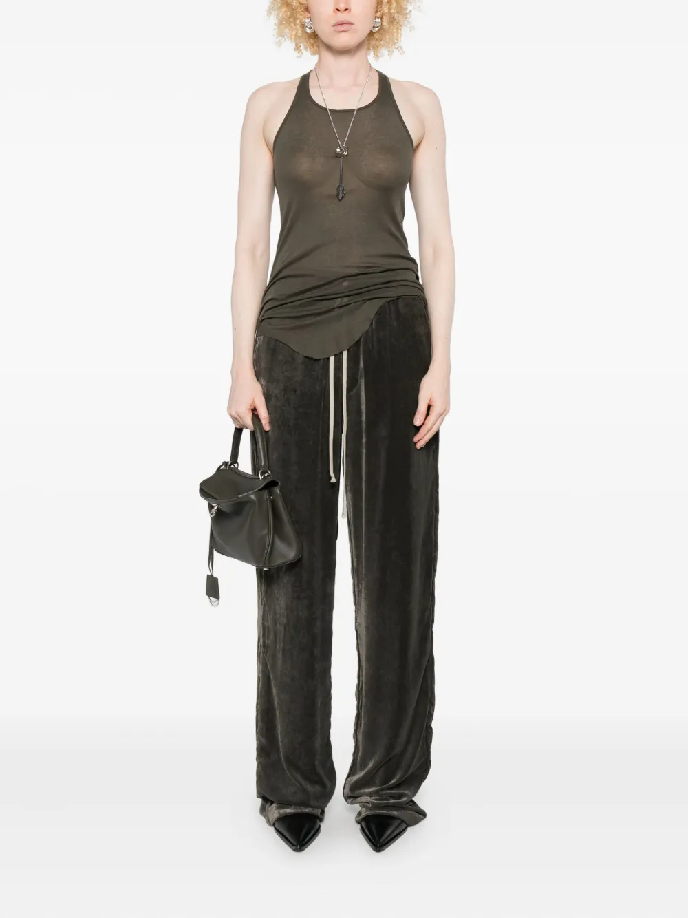 Rick Owens Ribbed Tank Top With Curved Hem And Racerback In Gray