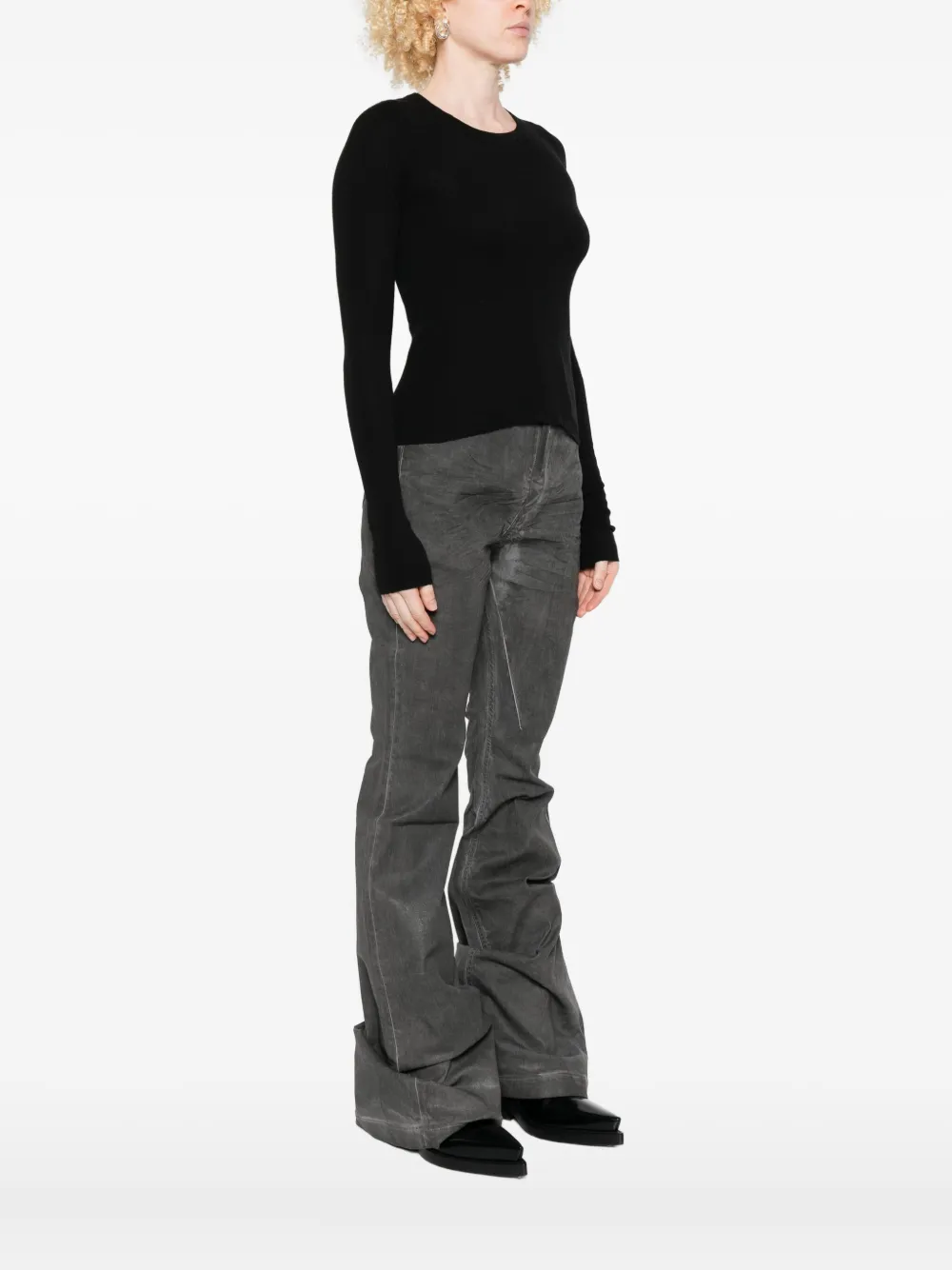 Rick Owens Long Sleeve Cropped Ribbed Knit Top In Black