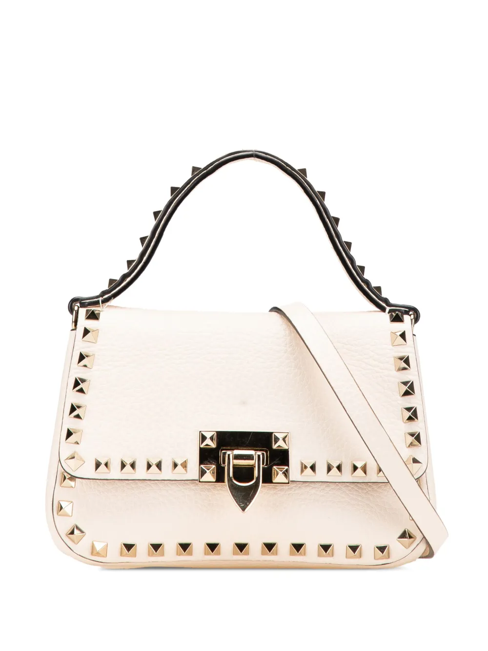 Valentino Garavani Pre-Owned 2018-2025 Small Grainy Calfskin Rockstud Convertible Top Handle Bag satchel | White | Image 1
