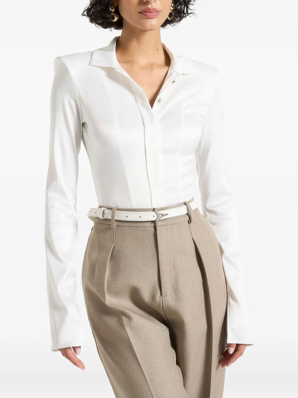 Manière De Voir Louise pointed-collar satin bodysuit | White | Image 1