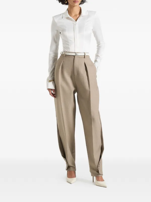 Manire de Voir Wide Shoulder Satin Shirt Bodysuit - Neutrals