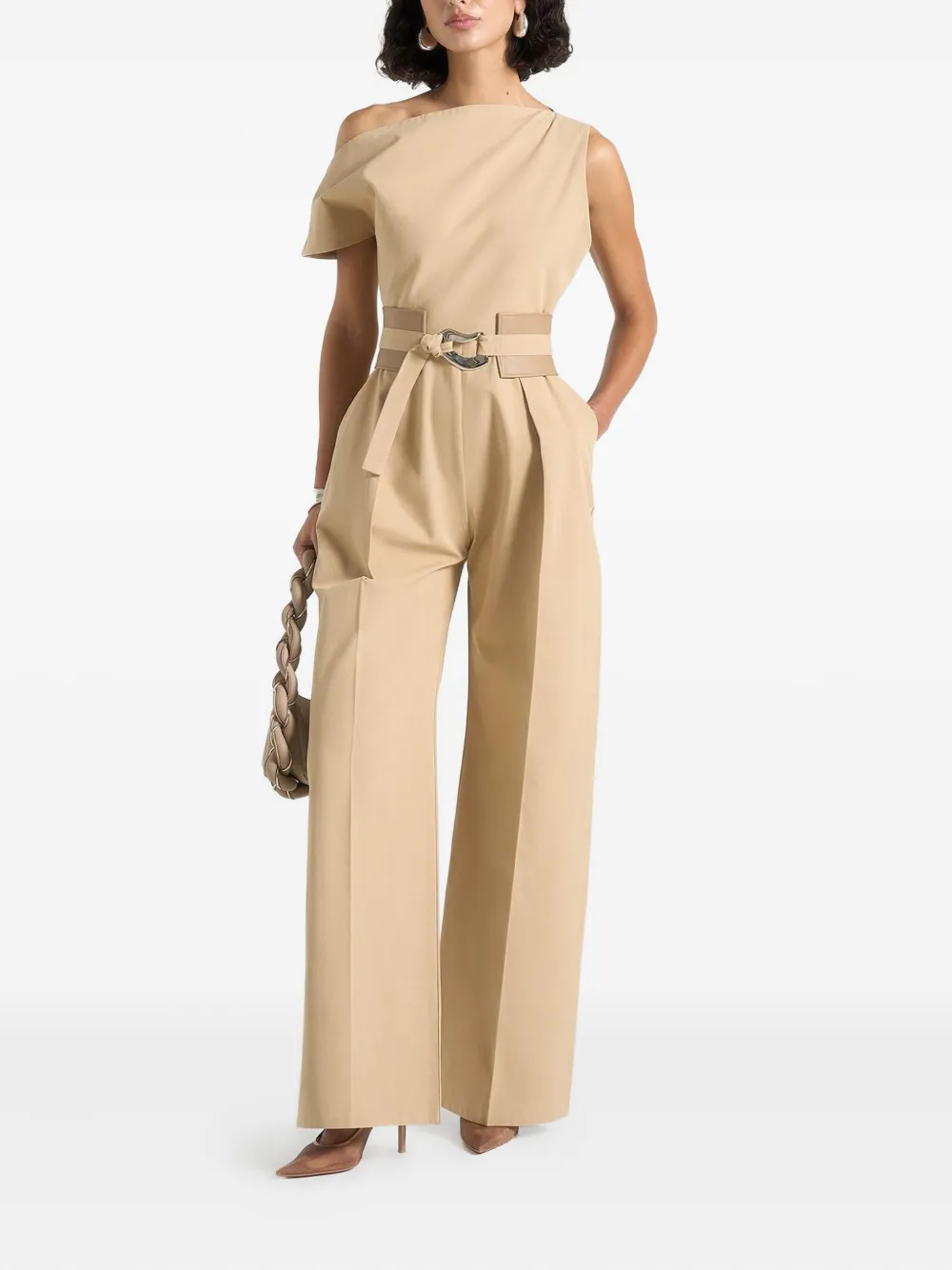 Manière De Voir Valerie asymmetrisch jumpsuit met wijde pijpen Beige