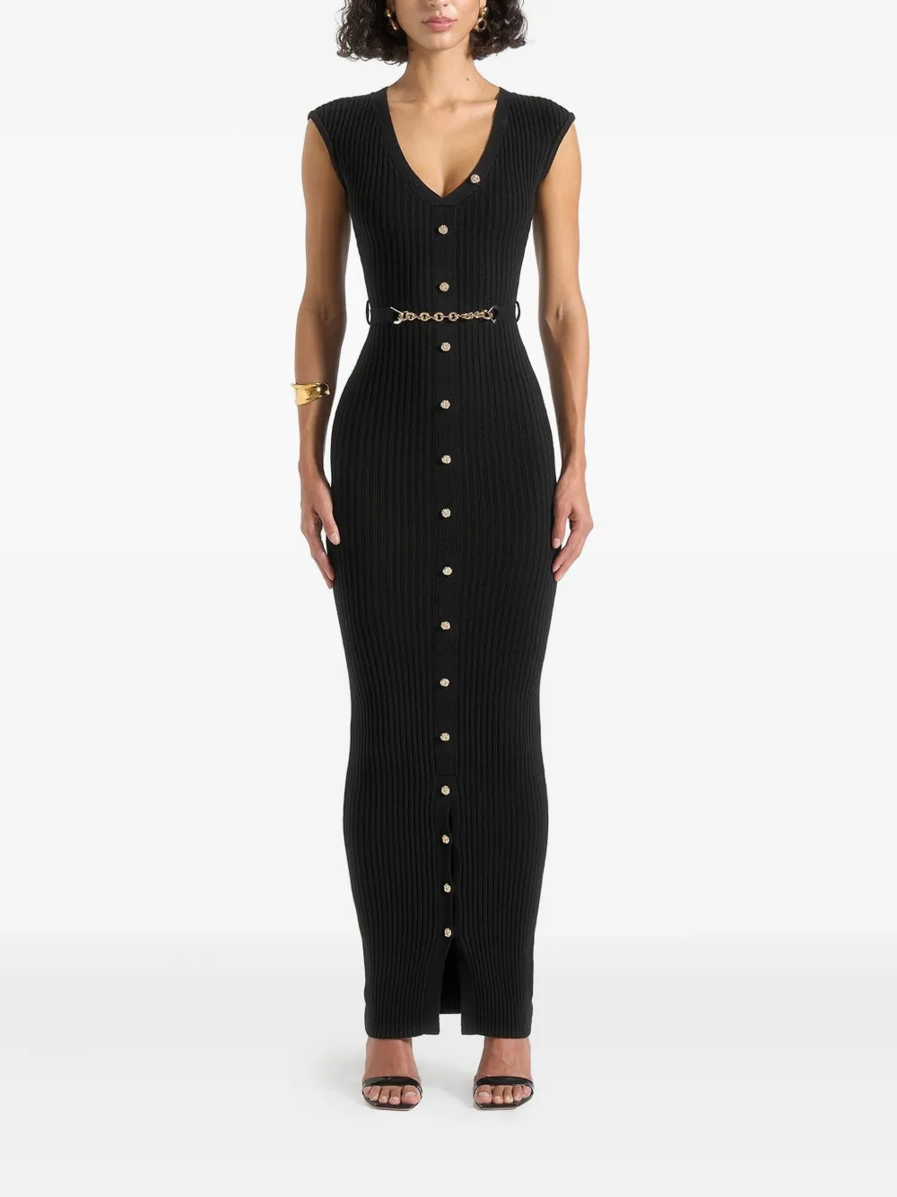 Manière De Voir Helene Ribbed Button-front Maxi Dress In Black