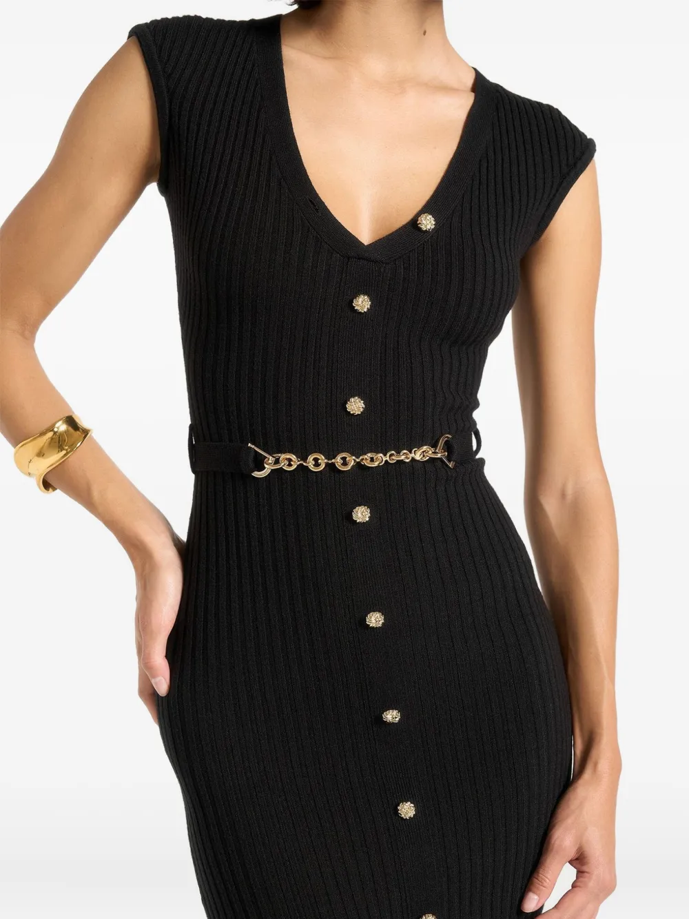 Manière De Voir Helene Ribbed Button-front Maxi Dress In Black